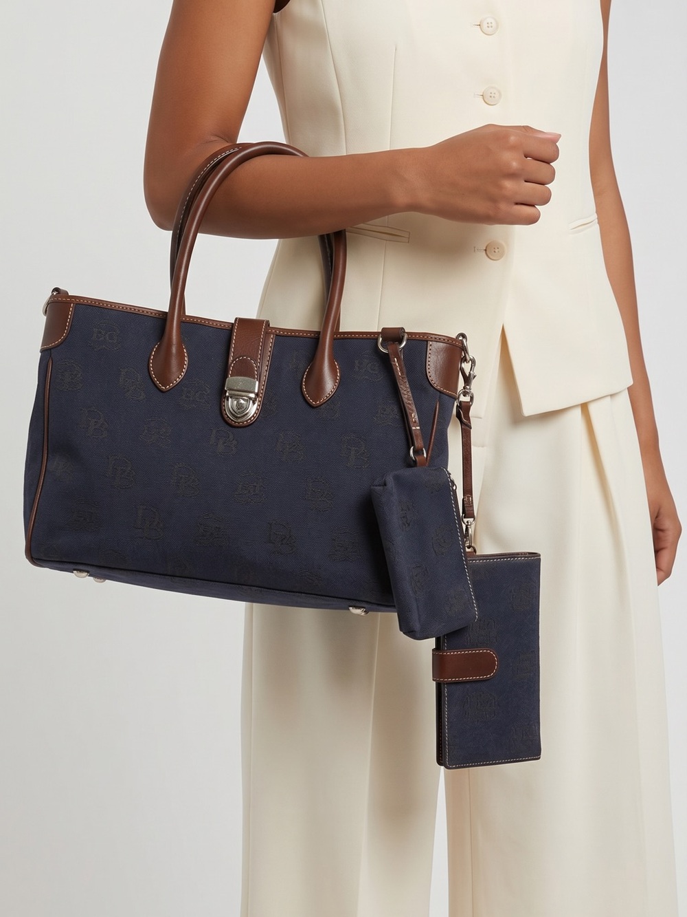 Dooney & Bourke Navy and Brown Leather-Trim Tote with Matching Pouches